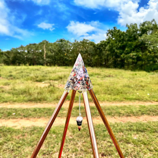 Copper/orgonite Lite Duty Nubian Meditation Pyramid 3 Feet Base Portable Version with orgonite top made up of natural Crystals